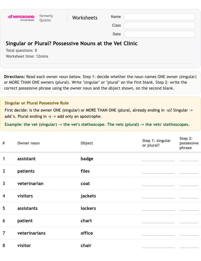 Singular or Plural? Possessive Nouns at the Vet Clinic - Nadający się do druku Rzeczowniki Karty-pracy Klasa 3 - Wayground