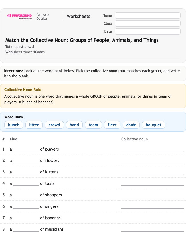 Match the Collective Noun: Groups of People, Animals, and Things - Nadający się do druku Rzeczowniki Karty-pracy Klasa 3 - Wayground