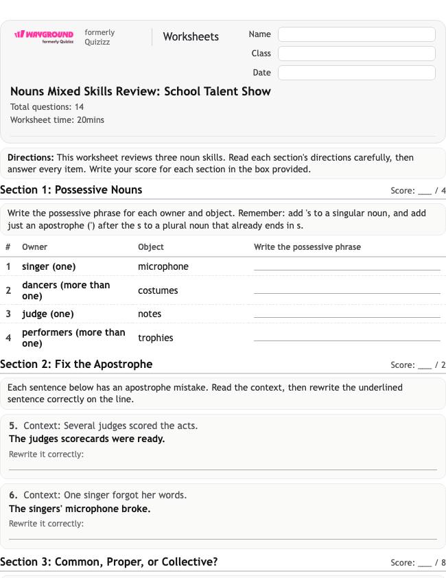 Nouns Mixed Skills Review: School Talent Show - Nadający się do druku Rzeczowniki Karty-pracy Klasa 3 - Wayground