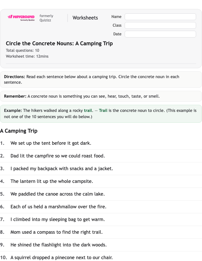 Circle the Concrete Nouns: A Camping Trip - Nadający się do druku Rzeczowniki Karty-pracy Klasa 4 - Wayground