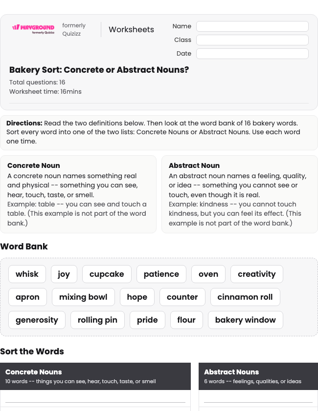 Bakery Sort: Concrete or Abstract Nouns? - Nadający się do druku Rzeczowniki Karty-pracy Klasa 4 - Wayground
