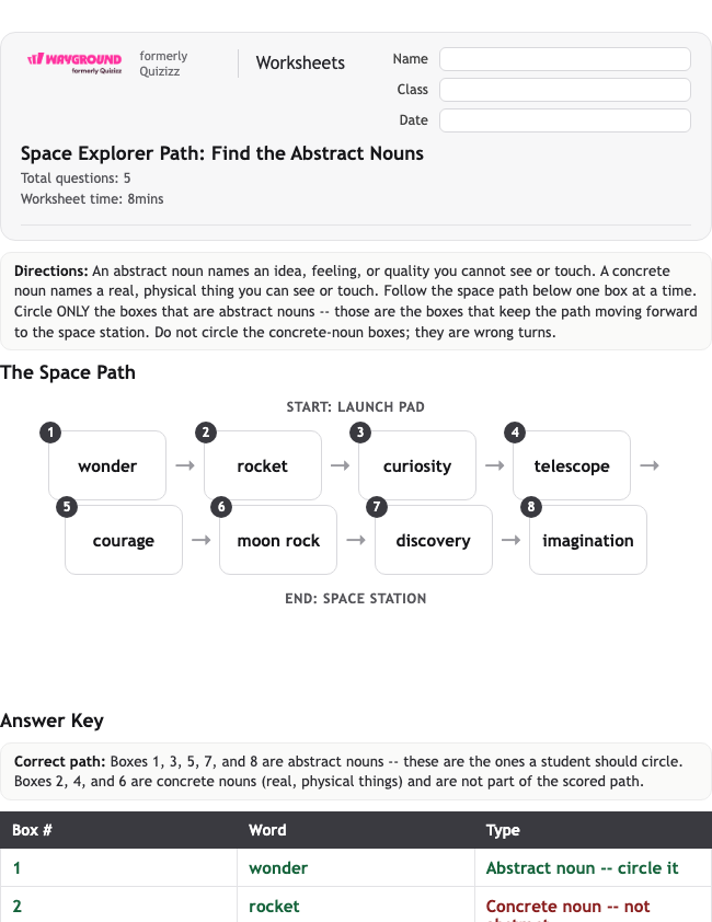Space Explorer Path: Find the Abstract Nouns - Nadający się do druku Rzeczowniki Karty-pracy Klasa 4 - Wayground