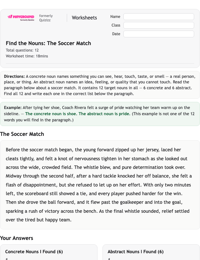 Find the Nouns: The Soccer Match - Nadający się do druku Rzeczowniki Karty-pracy Klasa 4 - Wayground