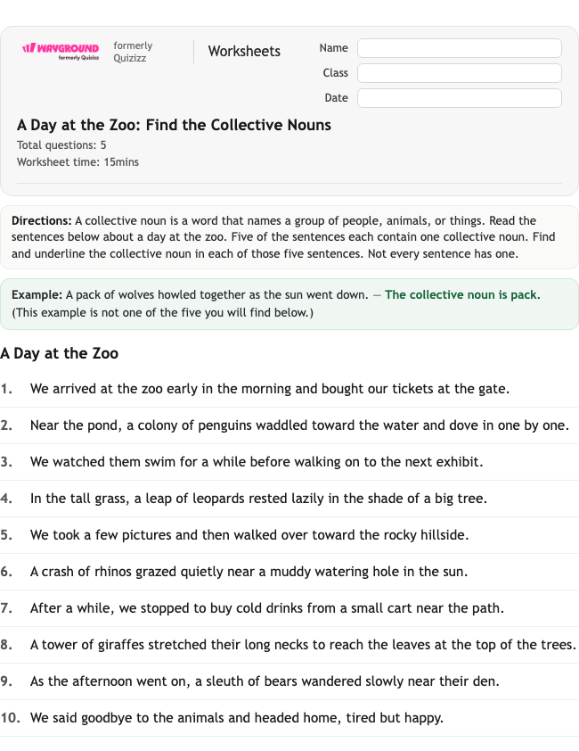 A Day at the Zoo: Find the Collective Nouns - Nadający się do druku Rzeczowniki Karty-pracy Klasa 4 - Wayground