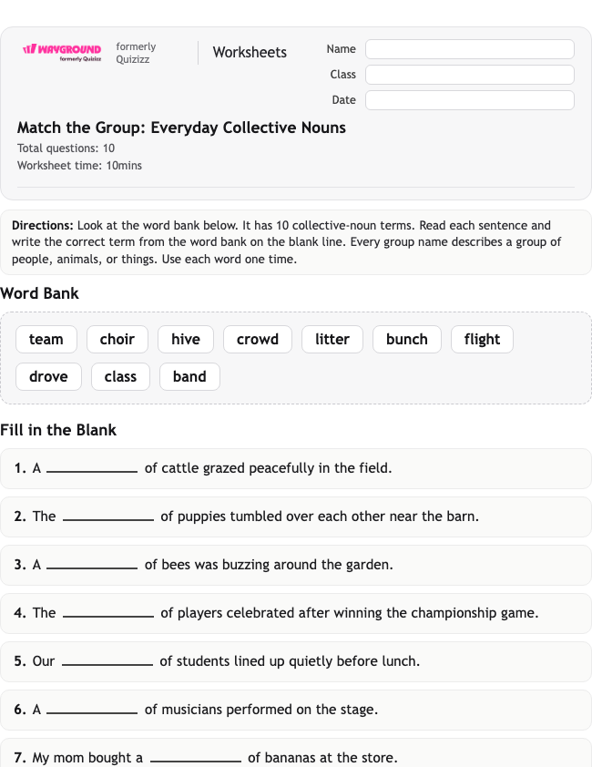 Match the Group: Everyday Collective Nouns - Nadający się do druku Rzeczowniki Karty-pracy Klasa 4 - Wayground