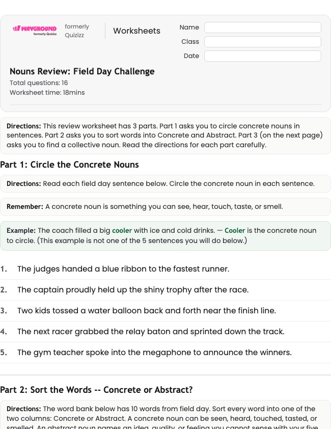 Nouns Review: Field Day Challenge - Nadający się do druku Rzeczowniki Karty-pracy Klasa 4 - Wayground