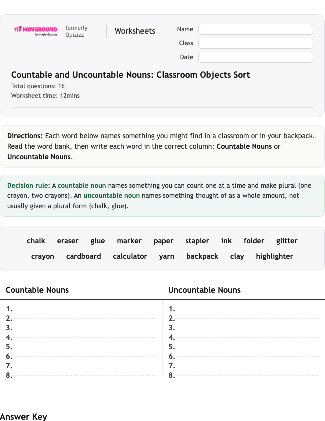 Countable and Uncountable Nouns: Classroom Objects Sort - Printable Rzeczowniki Karty-pracy Klasa 5 - Wayground