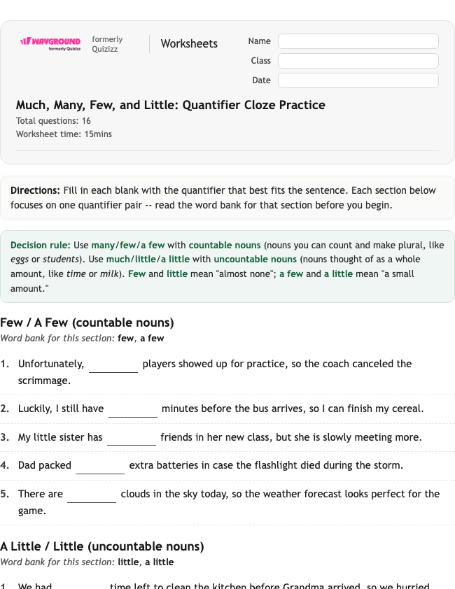 Much, Many, Few, and Little: Quantifier Cloze Practice - Printable Rzeczowniki Karty-pracy Klasa 5 - Wayground