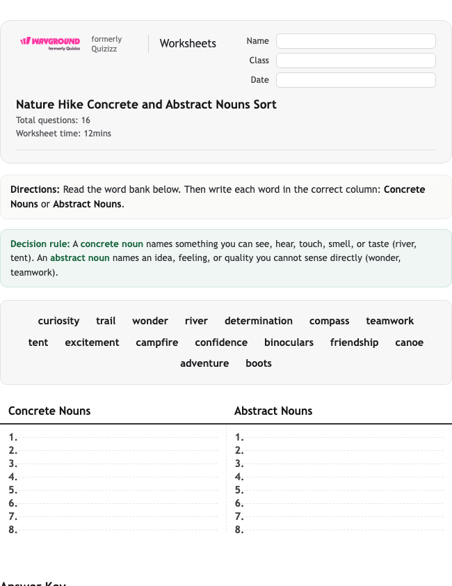 Nature Hike Concrete and Abstract Nouns Sort - Printable Rzeczowniki Karty-pracy Klasa 5 - Wayground
