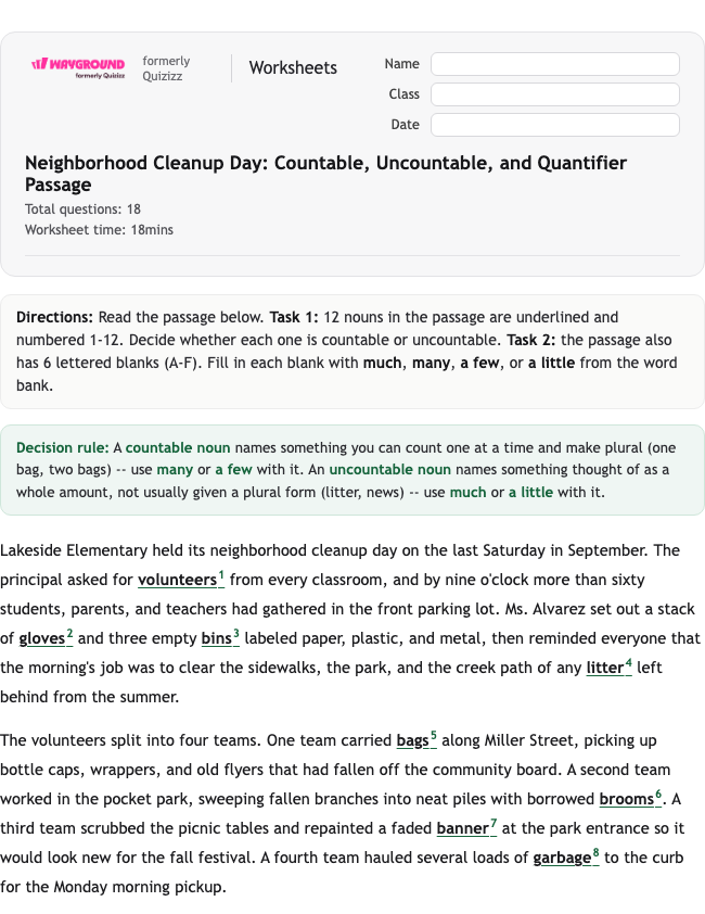 Neighborhood Cleanup Day: Countable, Uncountable, and Quantifier Passage - Printable Rzeczowniki Karty-pracy Klasa 5 - Wayground