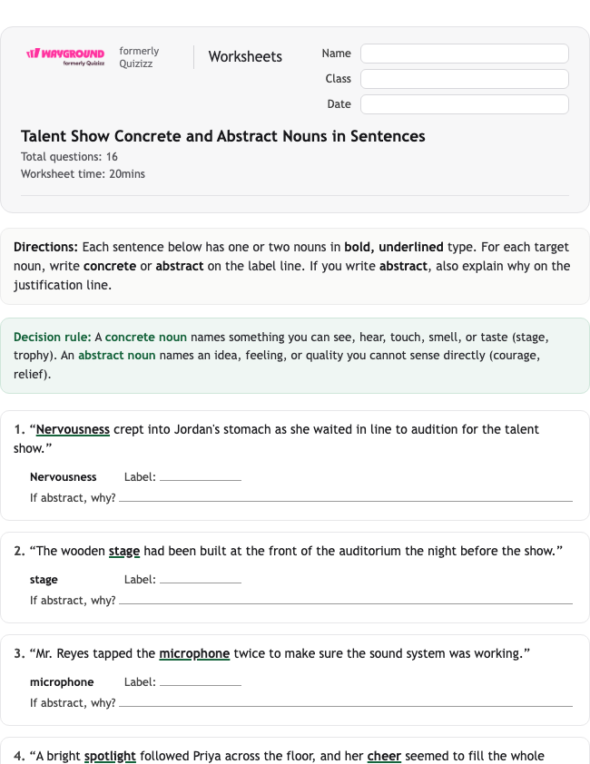 Talent Show Concrete and Abstract Nouns in Sentences - Printable Rzeczowniki Karty-pracy Klasa 5 - Wayground