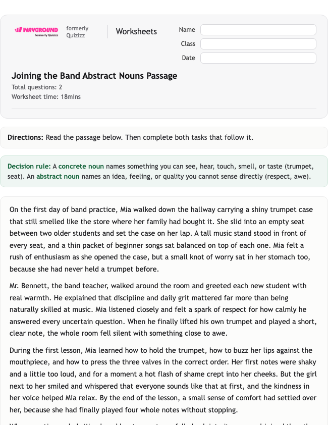 Joining the Band Abstract Nouns Passage - Printable Rzeczowniki Karty-pracy Klasa 5 - Wayground