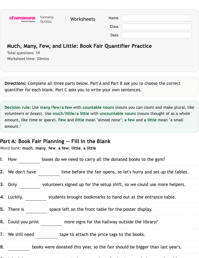 Much, Many, Few, and Little: Book Fair Quantifier Practice - Printable Rzeczowniki Karty-pracy Klasa 5 - Wayground