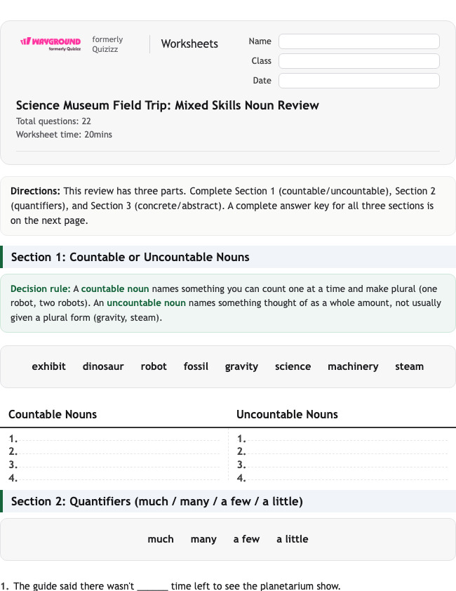 Science Museum Field Trip: Mixed Skills Noun Review - Printable Rzeczowniki Karty-pracy Klasa 5 - Wayground