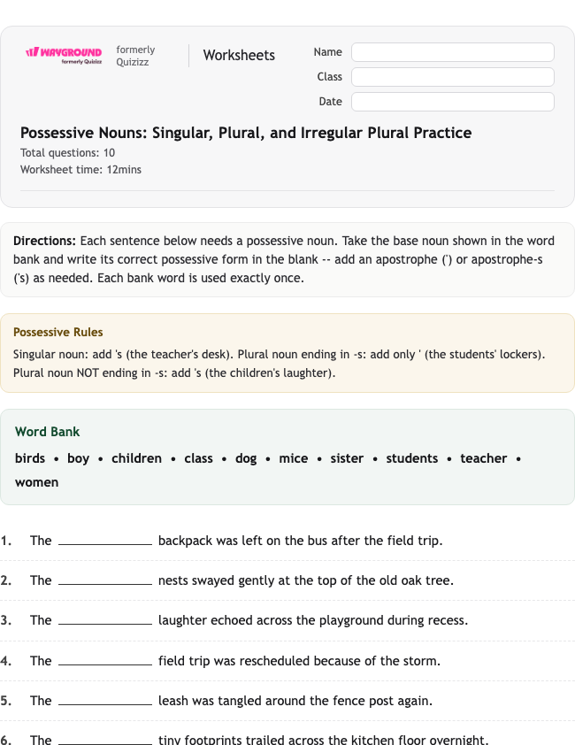Possessive Nouns: Singular, Plural, and Irregular Plural Practice - Printable Nouns Worksheets Class 6 - Wayground