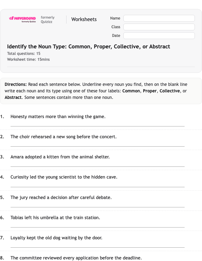 Identify the Noun Type: Common, Proper, Collective, or Abstract - Printable Nouns Worksheets Class 6 - Wayground