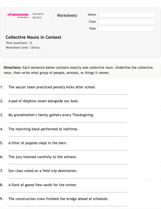 Collective Nouns in Context - Printable Nouns Worksheets Class 6 - Wayground