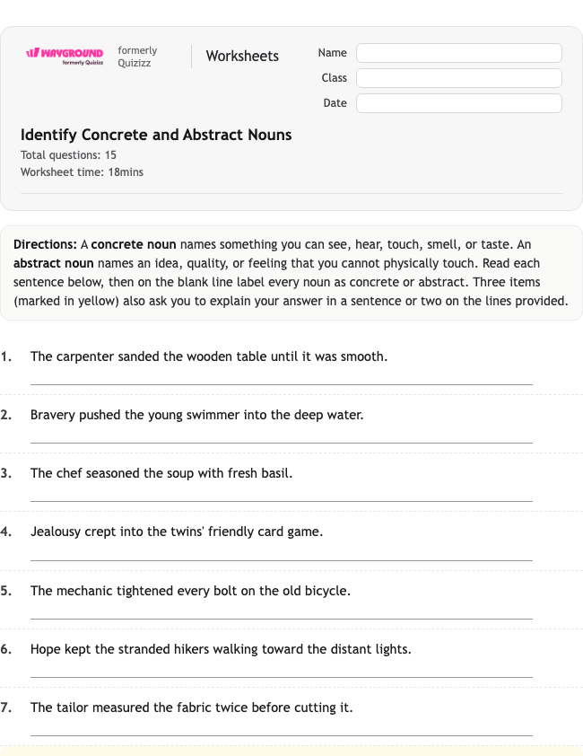 Identify Concrete and Abstract Nouns - Printable Nouns Worksheets Class 6 - Wayground