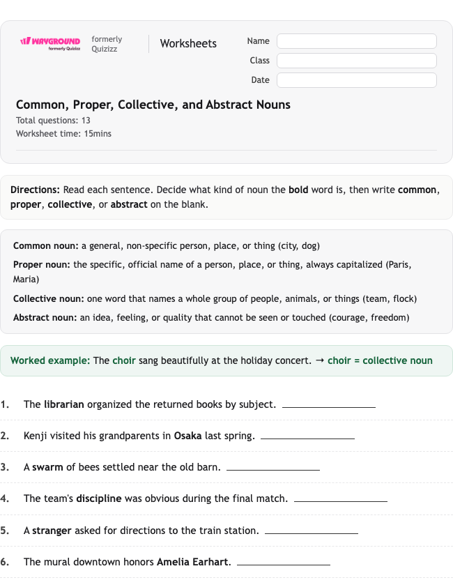 Common, Proper, Collective, and Abstract Nouns - Printable Nouns Worksheets Class 6 - Wayground