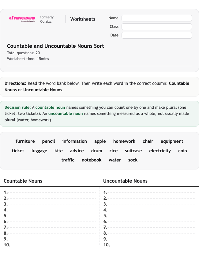 Countable and Uncountable Nouns Sort - Printable Nouns Worksheets Class 6 - Wayground
