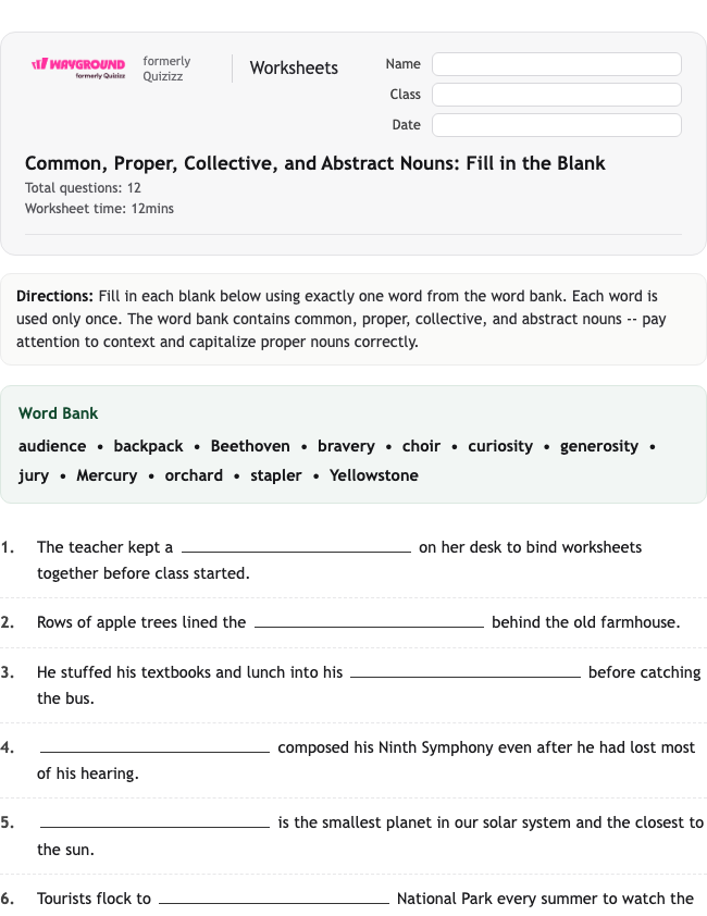 Common, Proper, Collective, and Abstract Nouns: Fill in the Blank - Nadający się do druku Rzeczowniki Karty-pracy Klasa 7 - Wayground