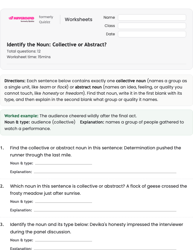 Identify the Noun: Collective or Abstract? - Nadający się do druku Rzeczowniki Karty-pracy Klasa 7 - Wayground