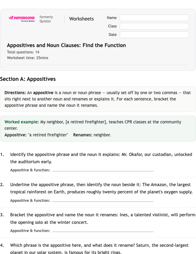 Appositives and Noun Clauses: Find the Function - Nadający się do druku Rzeczowniki Karty-pracy Klasa 7 - Wayground