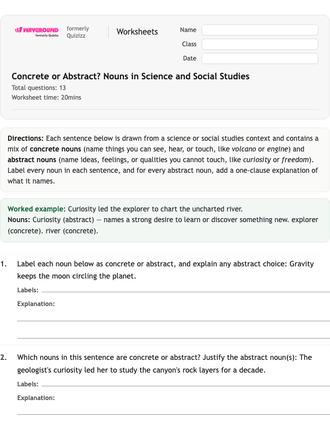 Concrete or Abstract? Nouns in Science and Social Studies - Nadający się do druku Rzeczowniki Karty-pracy Klasa 7 - Wayground