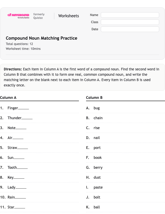 Compound Noun Matching Practice - Nadający się do druku Rzeczowniki Karty-pracy Klasa 7 - Wayground