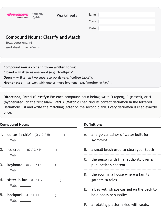 Compound Nouns: Classify and Match - Nadający się do druku Rzeczowniki Karty-pracy Klasa 7 - Wayground
