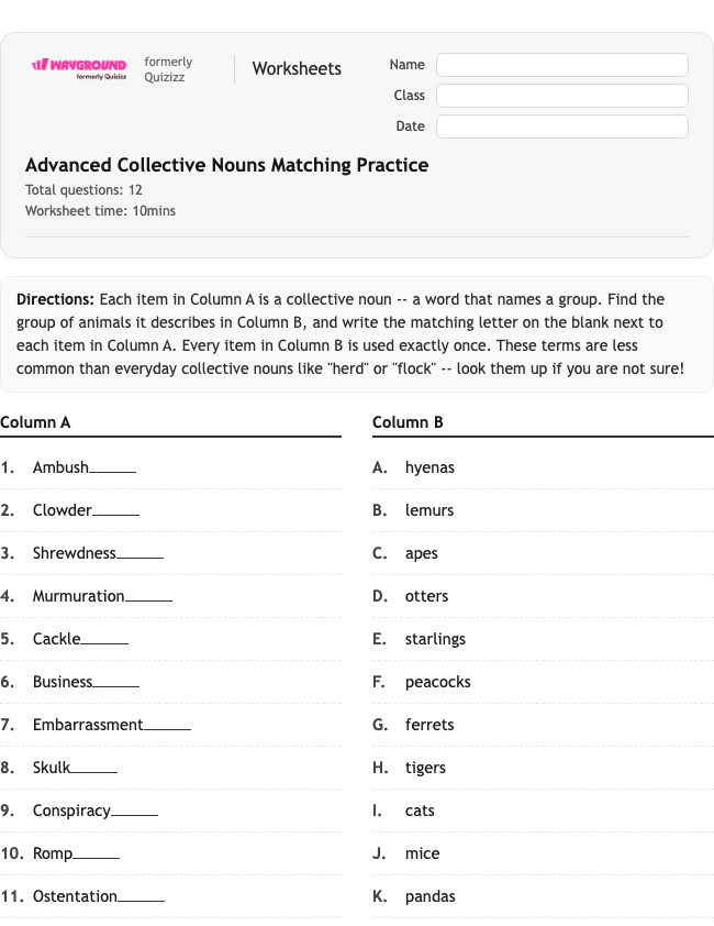 Advanced Collective Nouns Matching Practice - Nadający się do druku Rzeczowniki Karty-pracy Klasa 7 - Wayground