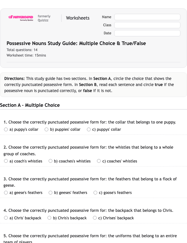 Possessive Nouns Study Guide: Multiple Choice & True/False - Nadający się do druku Rzeczowniki Karty-pracy Klasa 7 - Wayground