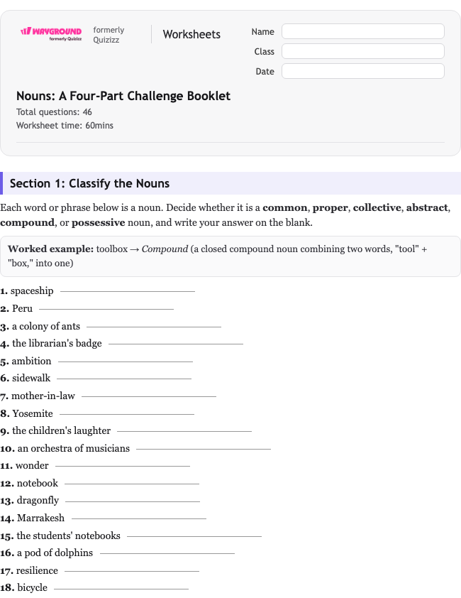 Nouns: A Four-Part Challenge Booklet - Nadający się do druku Rzeczowniki Karty-pracy Klasa 7 - Wayground