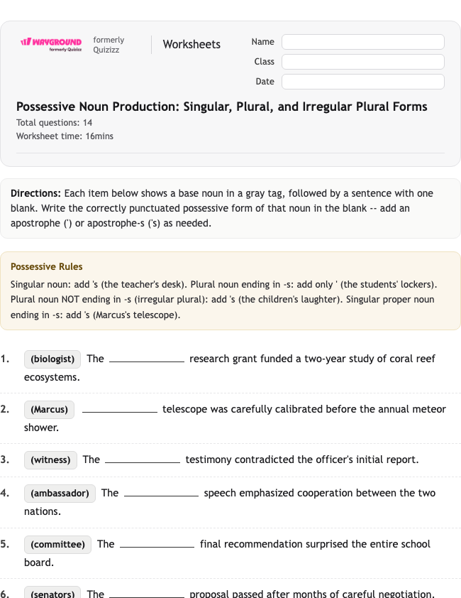 Possessive Noun Production: Singular, Plural, and Irregular Plural Forms - Printable Rzeczowniki Karty-pracy Klasa 8 - Wayground