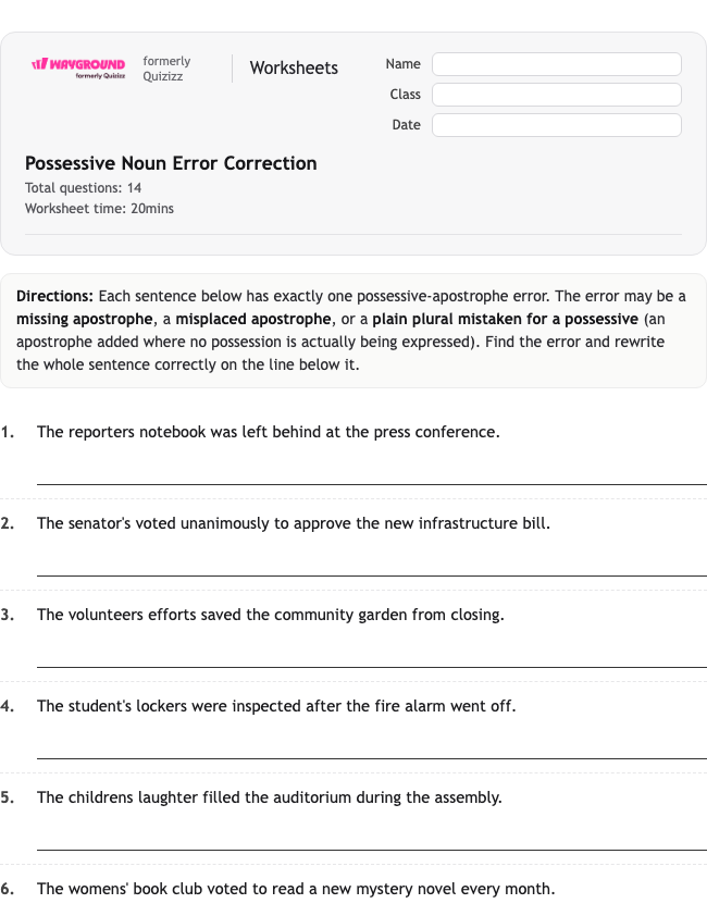 Possessive Noun Error Correction - Printable Rzeczowniki Karty-pracy Klasa 8 - Wayground