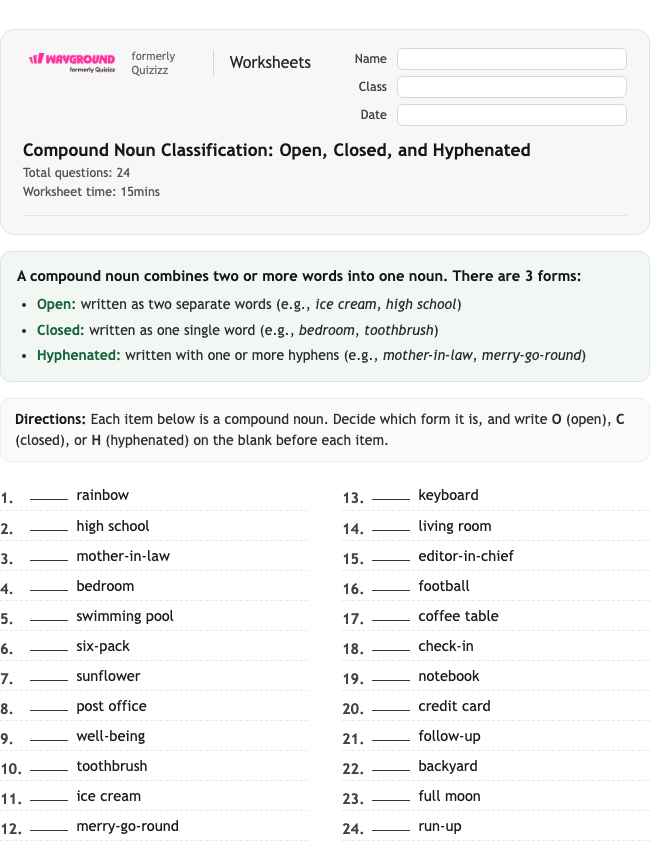 Compound Noun Classification: Open, Closed, and Hyphenated - Printable Rzeczowniki Karty-pracy Klasa 8 - Wayground