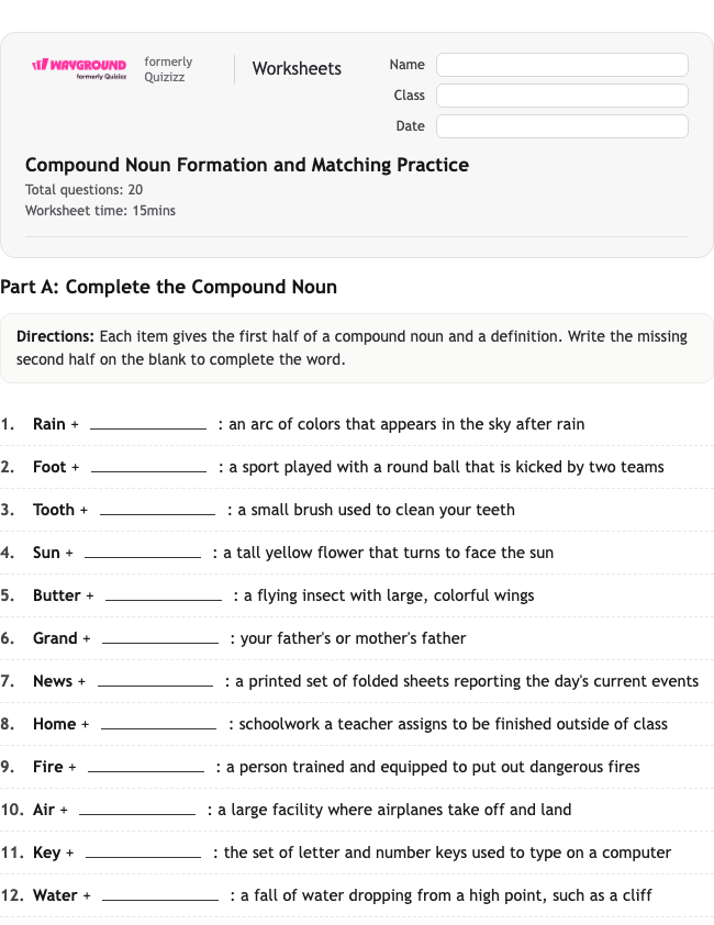 Compound Noun Formation and Matching Practice - Printable Rzeczowniki Karty-pracy Klasa 8 - Wayground