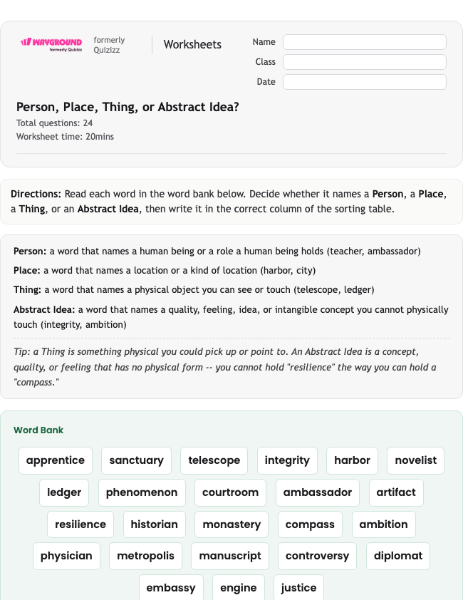 Person, Place, Thing, or Abstract Idea? - Printable Rzeczowniki Karty-pracy Klasa 8 - Wayground