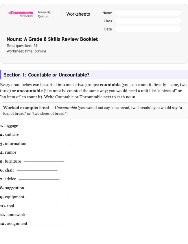 Nouns: A Grade 8 Skills Review Booklet - Printable Rzeczowniki Karty-pracy Klasa 8 - Wayground