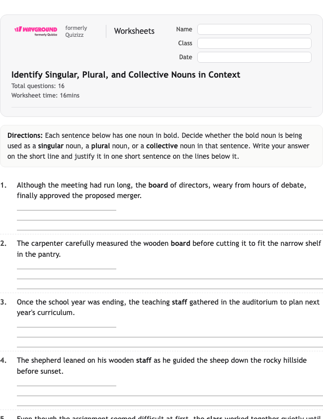 Identify Singular, Plural, and Collective Nouns in Context - Printable Rzeczowniki Karty-pracy Klasa 8 - Wayground