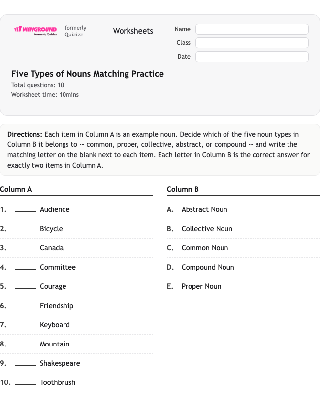 Five Types of Nouns Matching Practice - Printable Rzeczowniki Karty-pracy Klasa 8 - Wayground