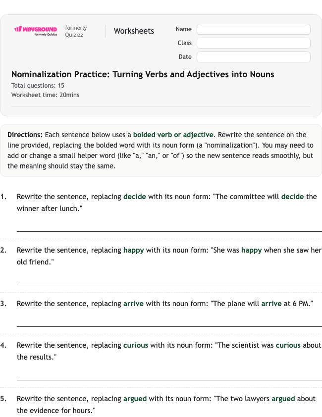 Nominalization Practice: Turning Verbs and Adjectives into Nouns - Printable Rzeczowniki Karty-pracy Klasa 8 - Wayground