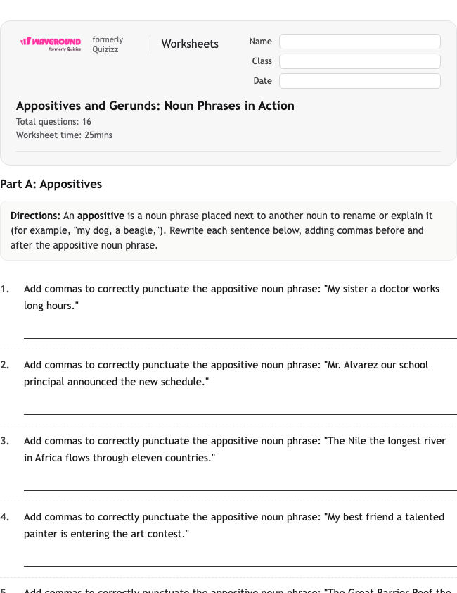 Appositives and Gerunds: Noun Phrases in Action - Printable Rzeczowniki Karty-pracy Klasa 8 - Wayground