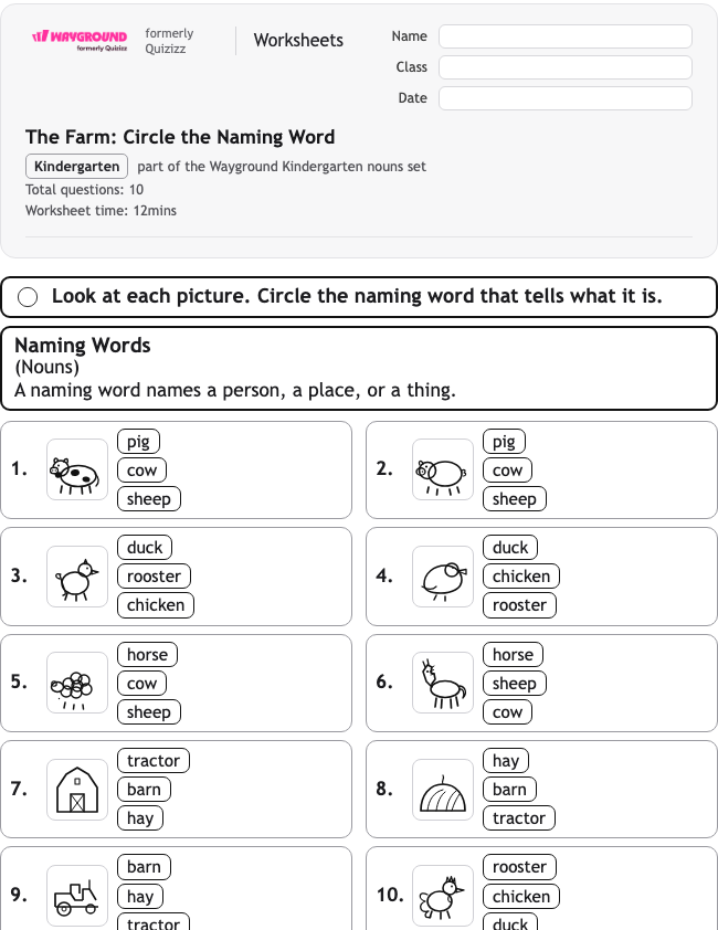 The Farm: Circle the Naming Word - Printable Nouns Worksheets Kindergarten - Wayground