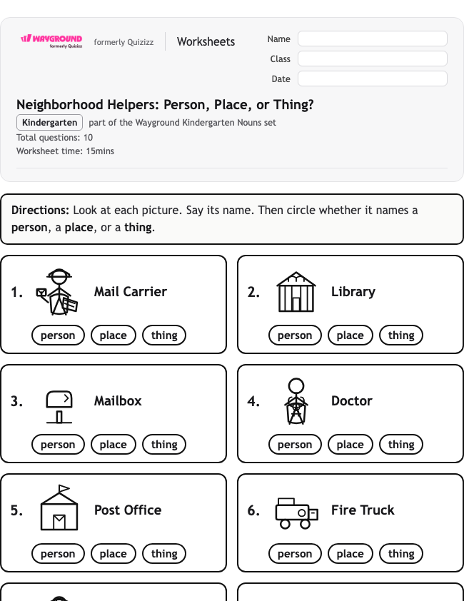 Neighborhood Helpers: Person, Place, or Thing? - Printable Nouns Worksheets Kindergarten - Wayground