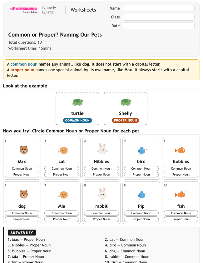Common or Proper? Naming Our Pets - Printable Nouns Worksheets Kindergarten - Wayground