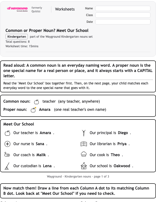 Common or Proper Noun? Meet Our School - Printable Nouns Worksheets Kindergarten - Wayground