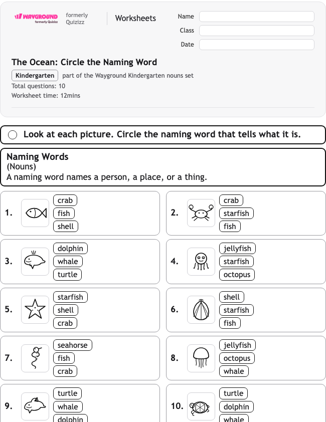 The Ocean: Circle the Naming Word - Printable Nouns Worksheets Kindergarten - Wayground