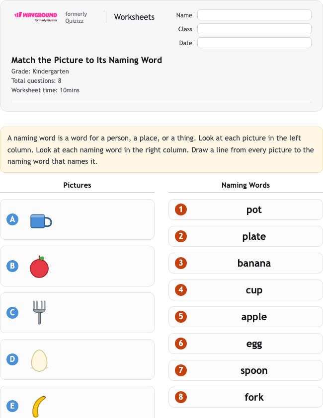 Match the Picture to Its Naming Word - Printable Nouns Worksheets Kindergarten - Wayground