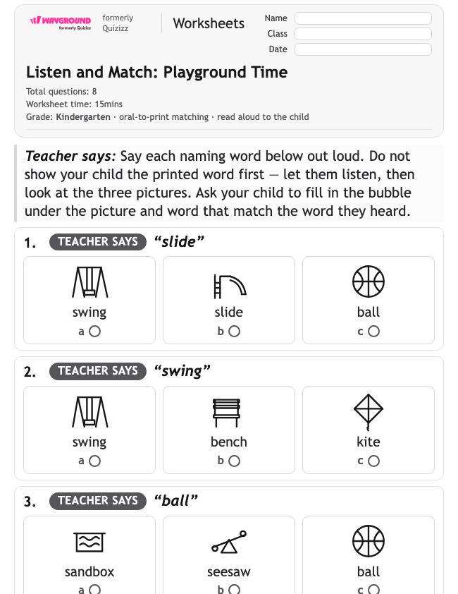 Listen and Match: Playground Time - Printable Nouns Worksheets Kindergarten - Wayground